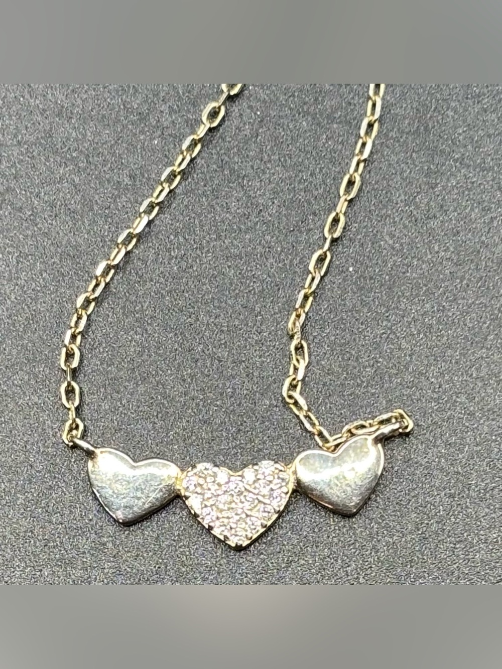 925 Sterling Silver Gold Vermeil CZ Triple Heart Curved Bar Necklace 16-18"